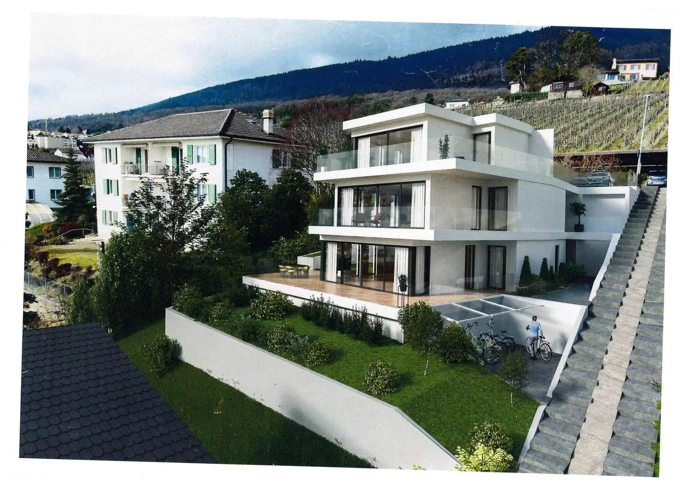 Bâtiment avec toiture plate et terrasses, Hauterive (NE)